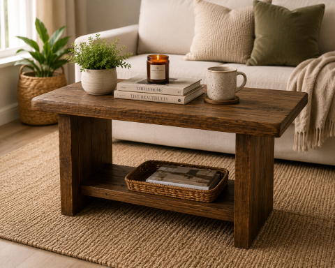 Solid wooden coffee table with shelve