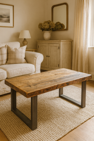 Rustic Solid Wooden Coffee Table with Metal Square Frame Legs